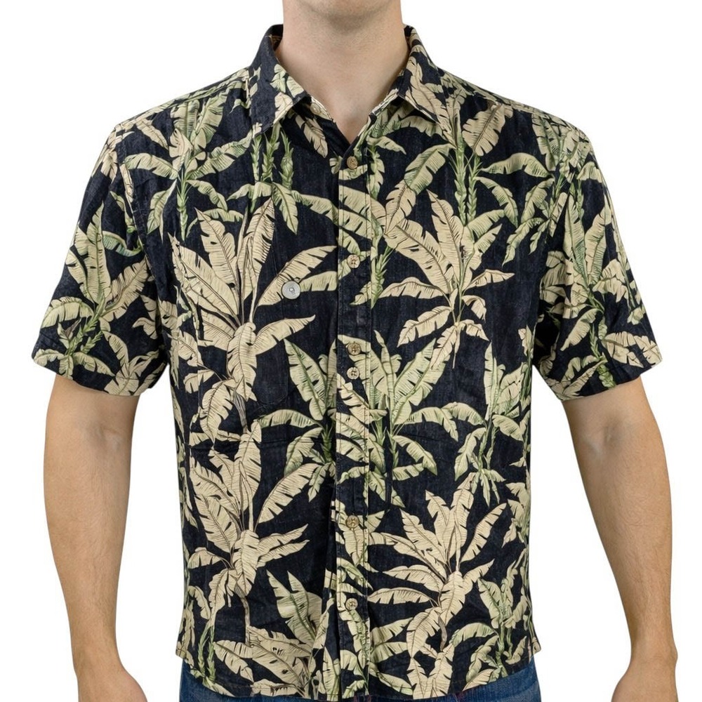 Cooke Street Hawaiian Aloha Shirt XL Floral Palm Trees Reverse Print Blk Tan
